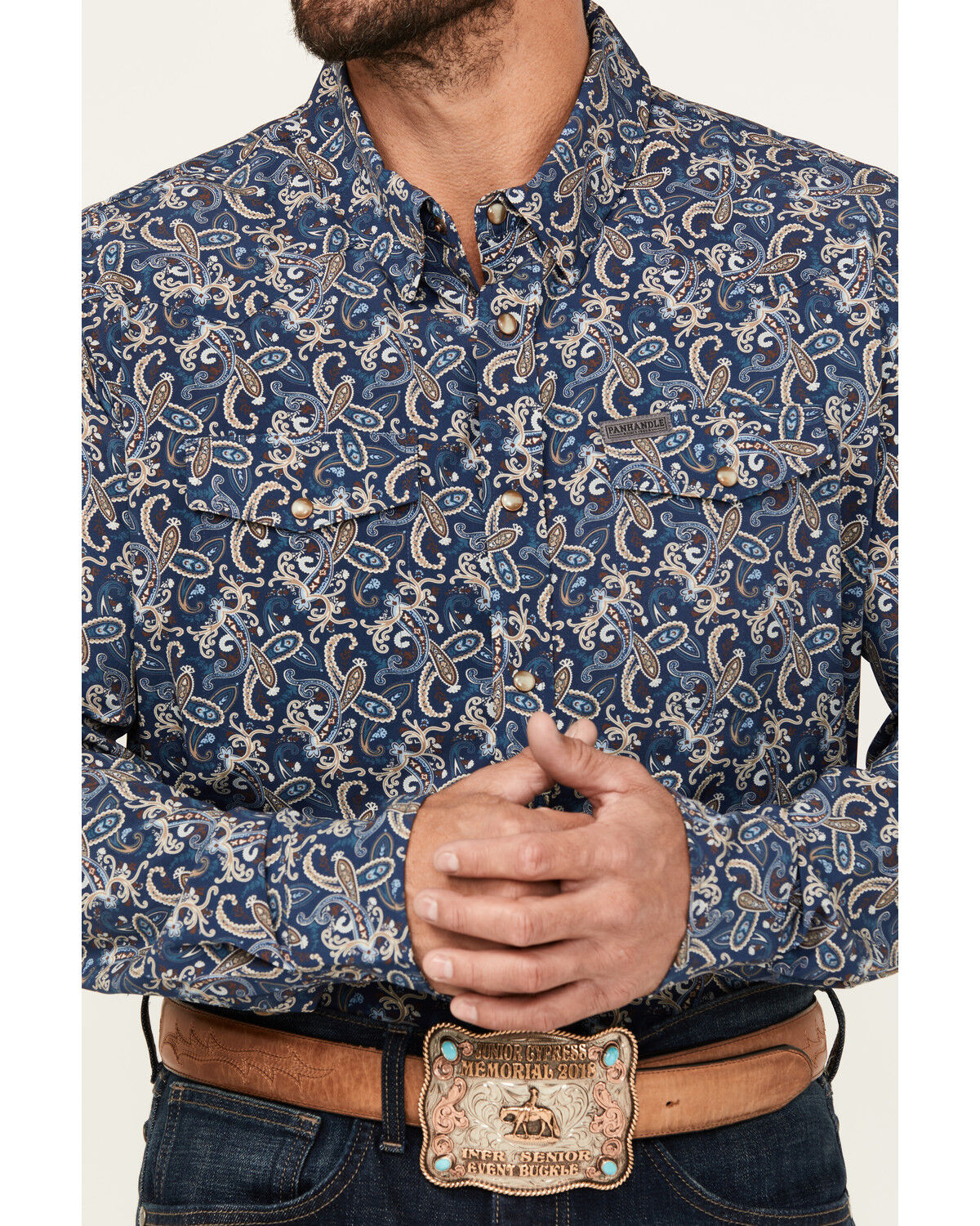 Image #3 - Panhandle Men's Paisley Print Long Sleeve Snap Performance Stretch Western Shirt, Navy, hi-res