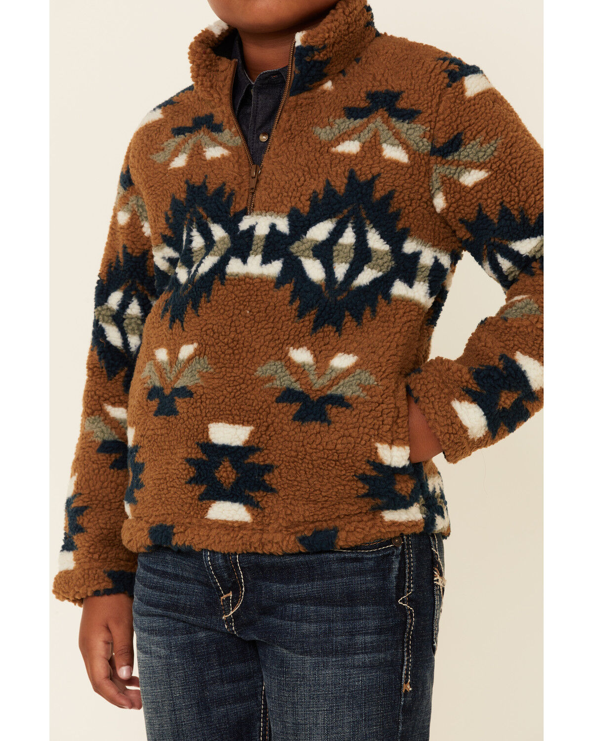 Image #3 - Wrangler Boys' Brown & Teal Southwestern Print 1/4 Zip Sherpa Pullover , , hi-res