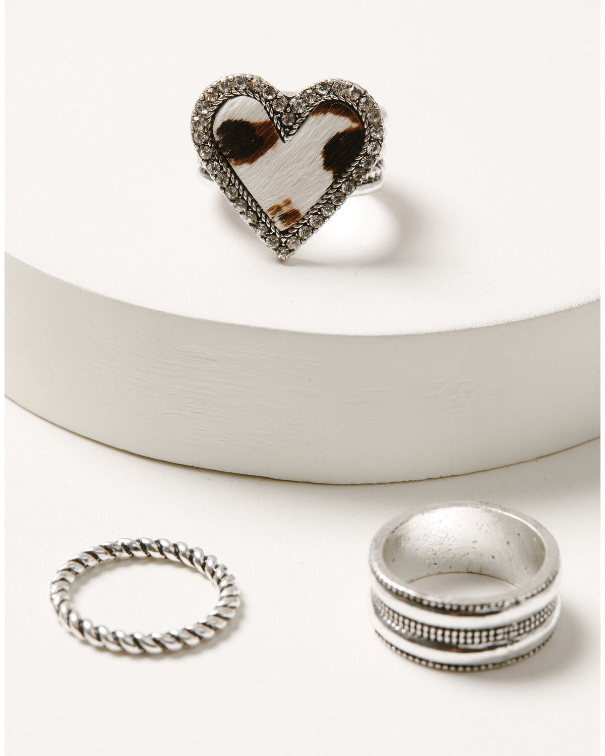 Shyanne Women's Cow Print Heart Ring Set - 3 Piece, Silver, hi-res