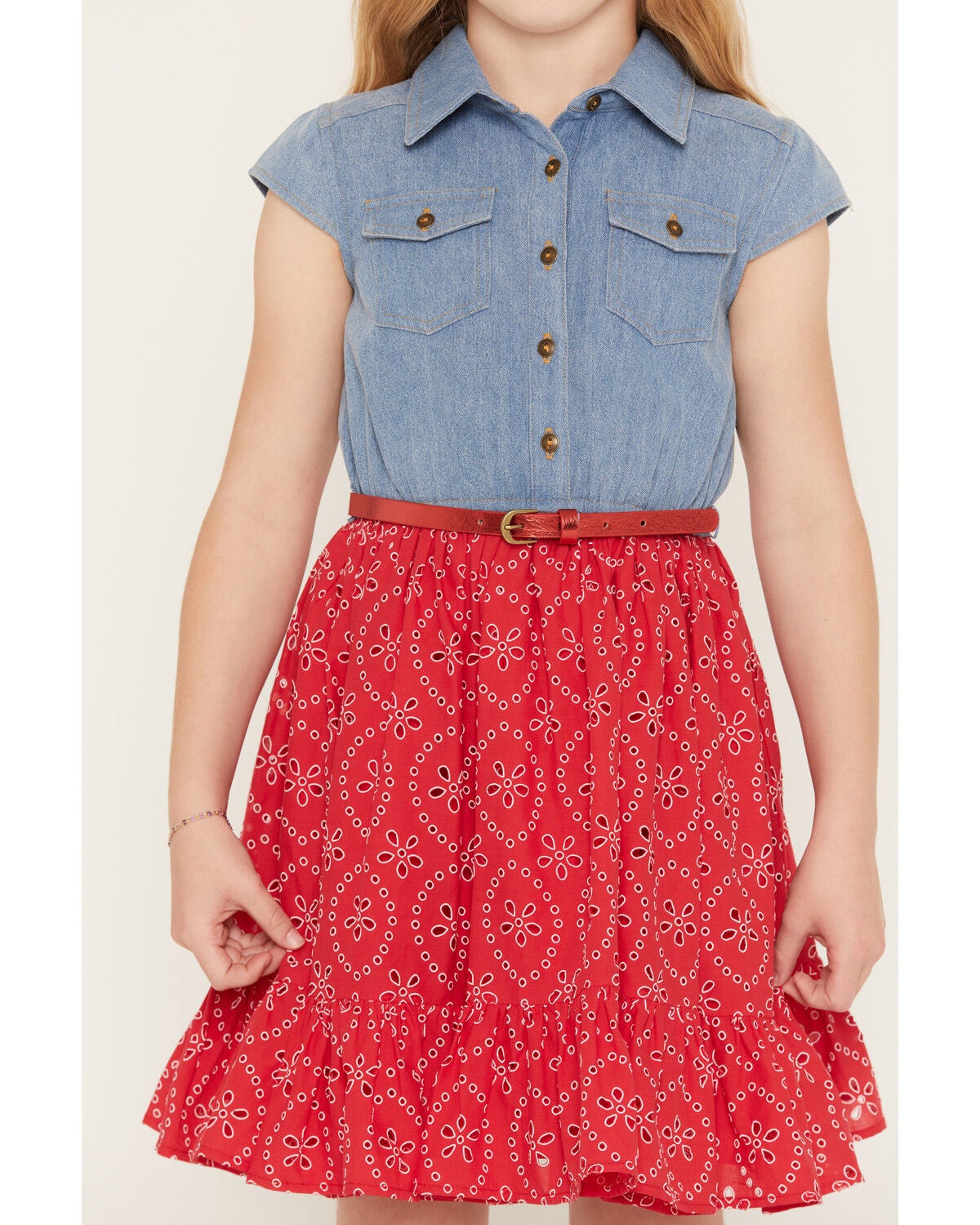 Image #3 - Sugar California Girls' Lace Denim Dress, Red, hi-res