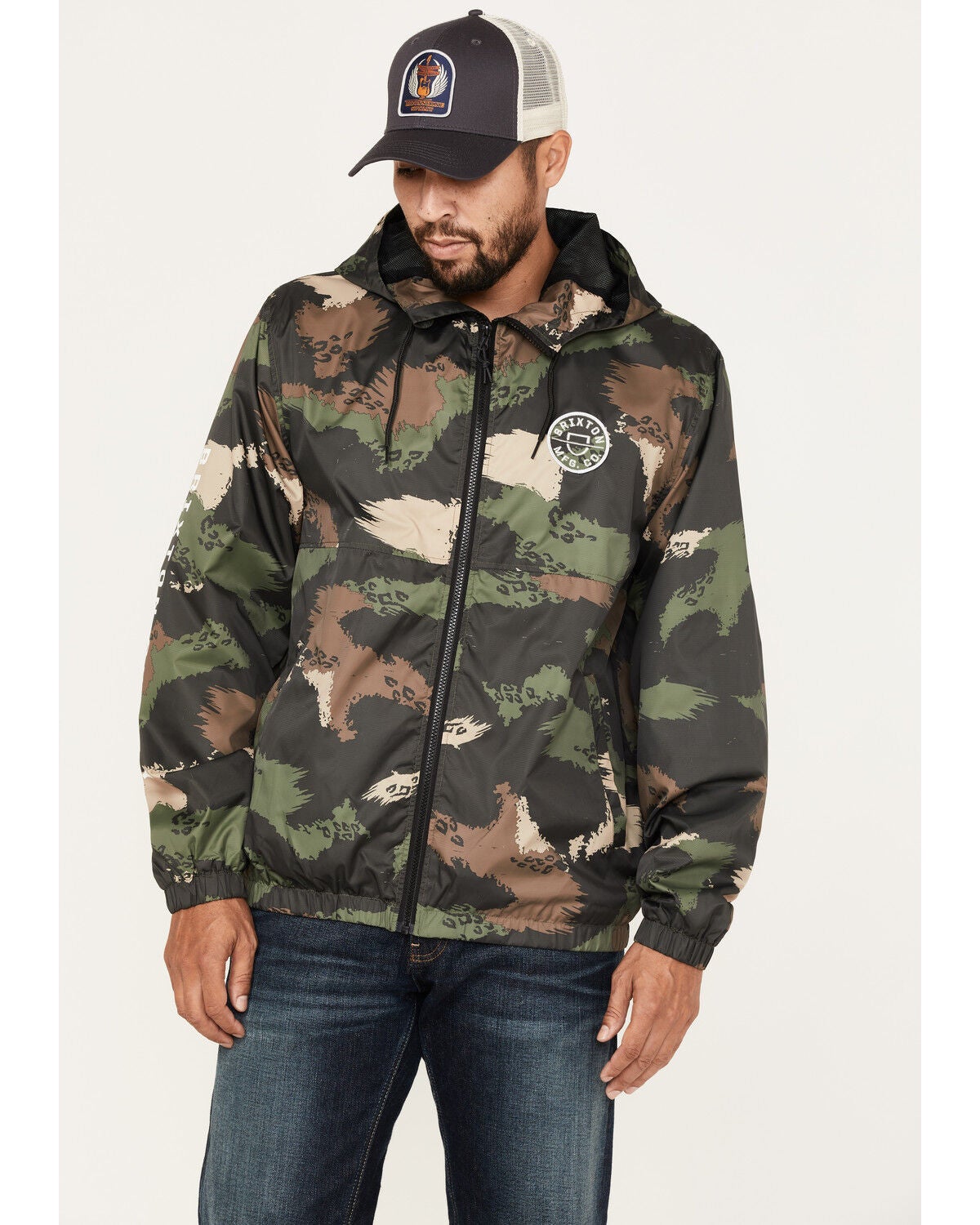 Brixton Men's Camo Print Claxton Crest Logo Graphic Hooded Zip Jacket, Camouflage, hi-res