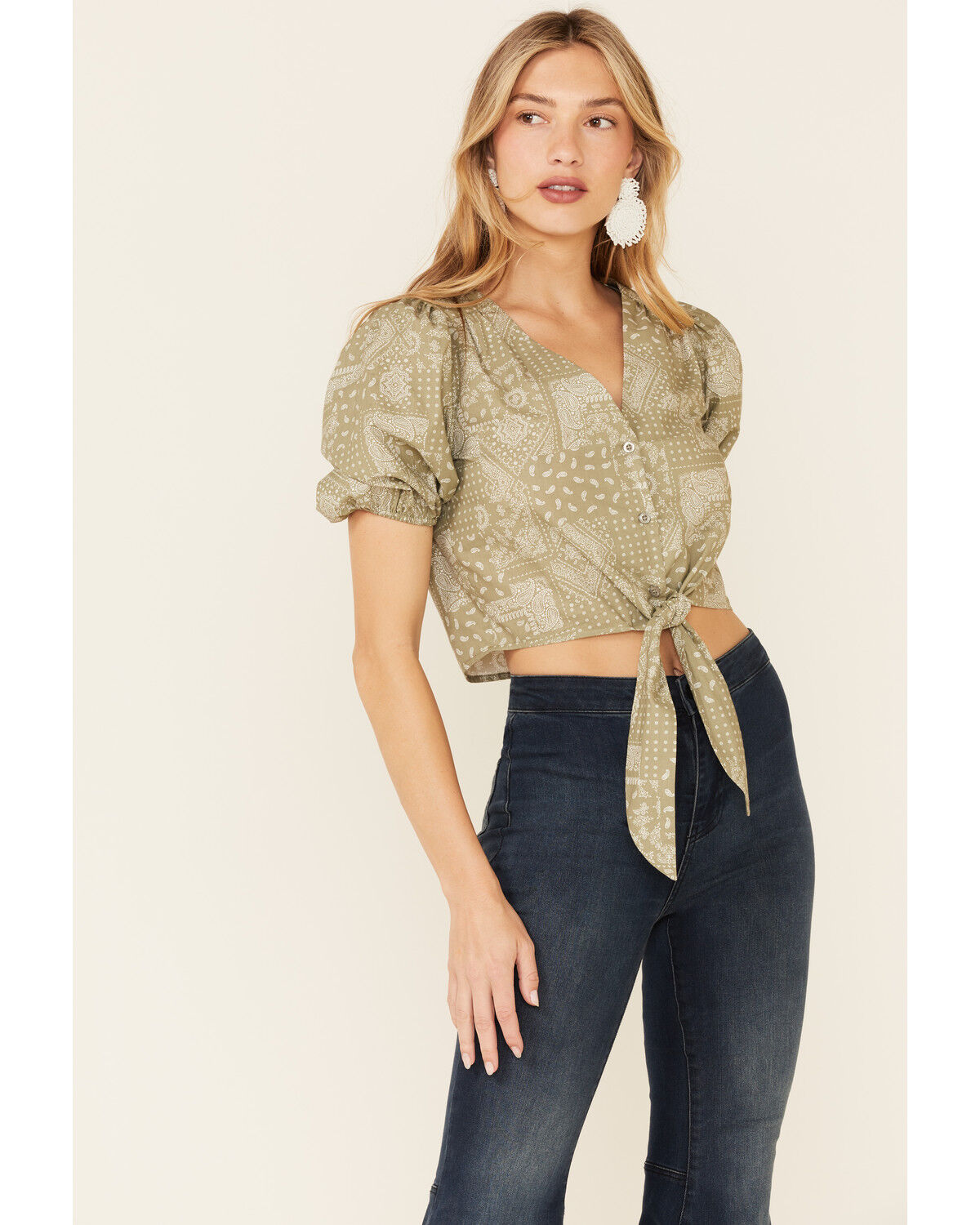 Image #1 - Very J Women's Scarf Print Tie-Bottom Short Sleeve Crop Top, Sage, hi-res