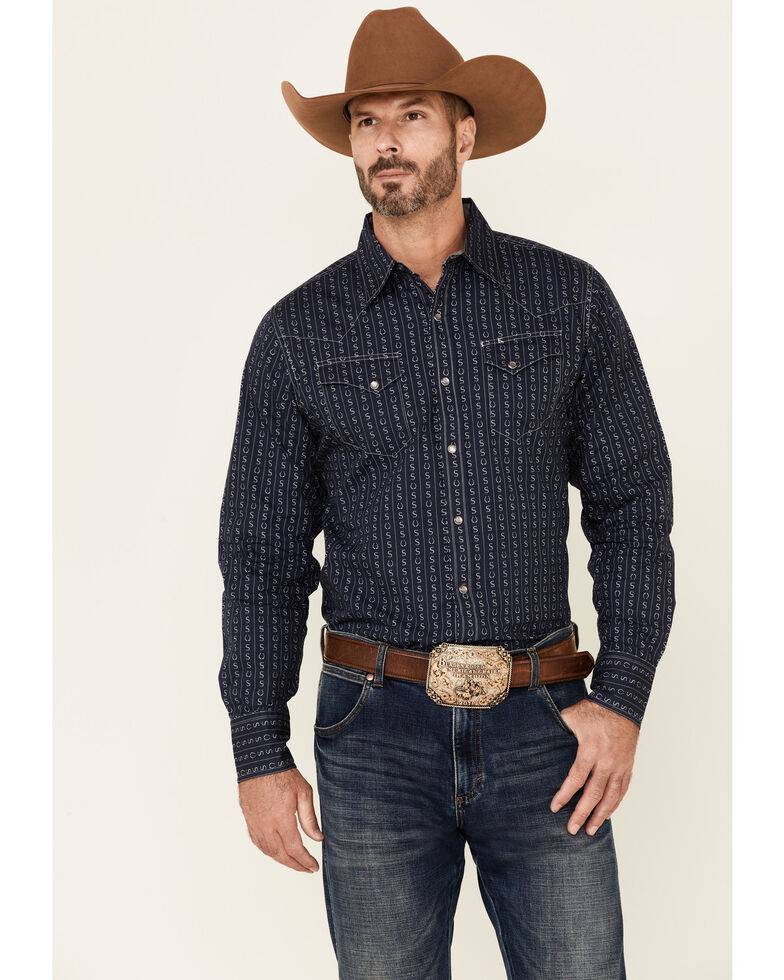 Stetson Men's Horseshoe Stripe Long Sleeve Snap Western Shirt , Blue, hi-res