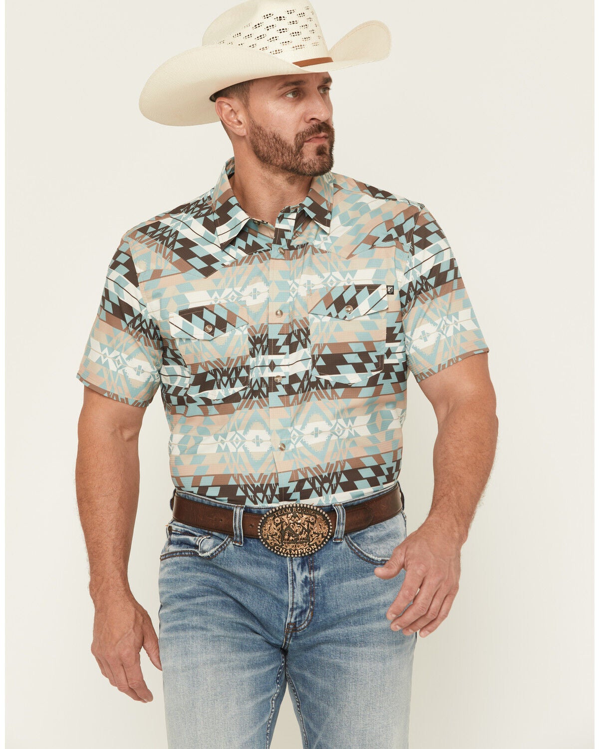 Image #1 - RANK 45&reg; Men's Eagle Pass Southwestern Print Short Sleeve Snap Performance Western Shirt, Multi, hi-res