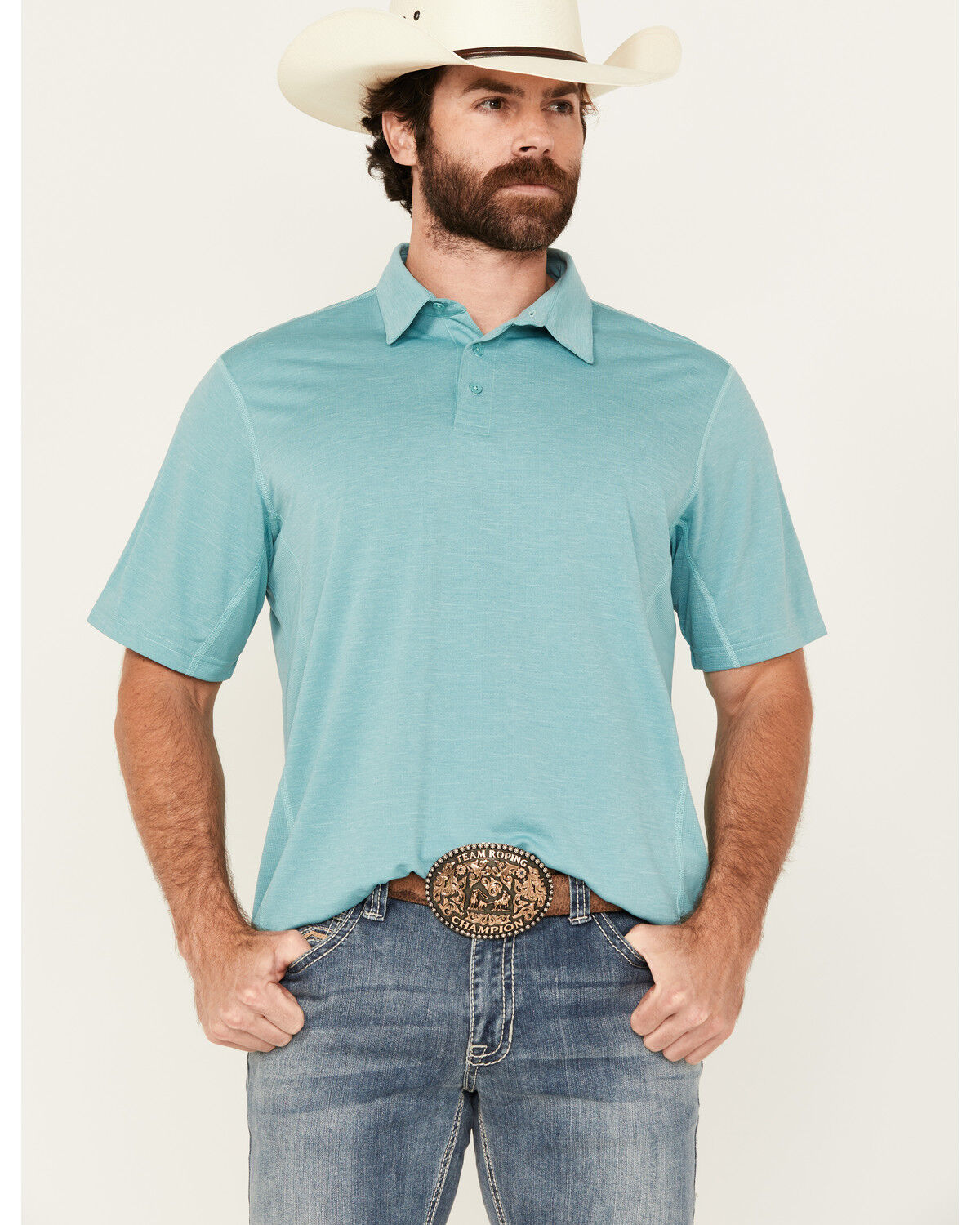 Image #1 - Wrangler Men's Solid Short Sleeve Performance Polo, Turquoise, hi-res