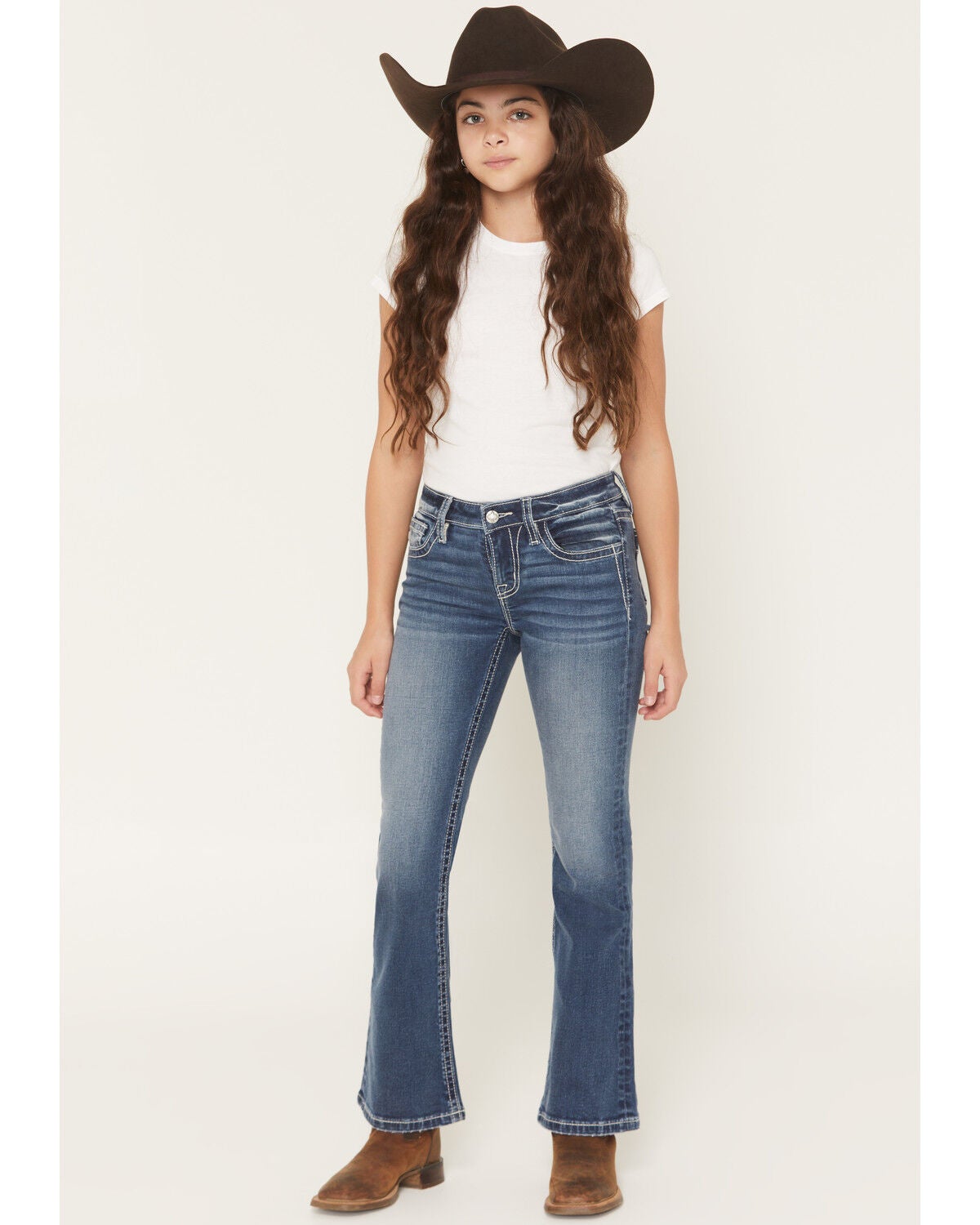 Image #3 - Miss Me Girls' Medium Wash Mid Rise Wing Pocket Bootcut Stretch Denim Jeans, Medium Wash, hi-res