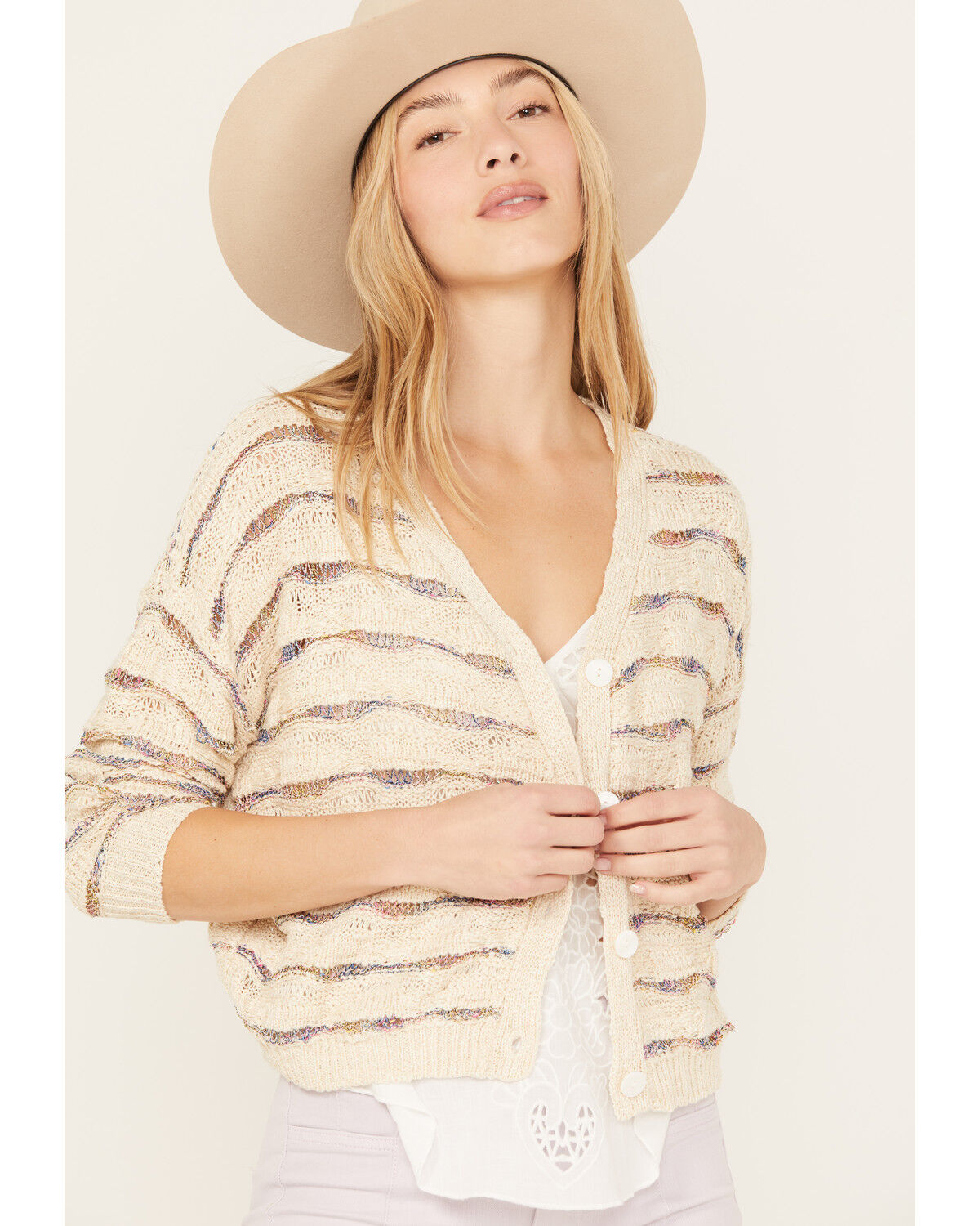 Image #3 - Molly Bracken Women's Striped Button Down Cardigan, Cream, hi-res