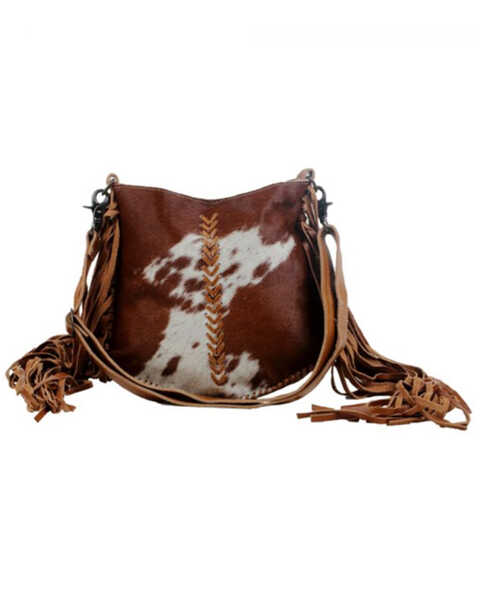 Myra Bag Women's Edgy Cowhide Crossbody Satchel Bag, Brown, hi-res