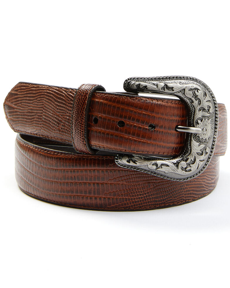 Lyntone Men's Lizard Print Leather Belt, Dark Brown, hi-res
