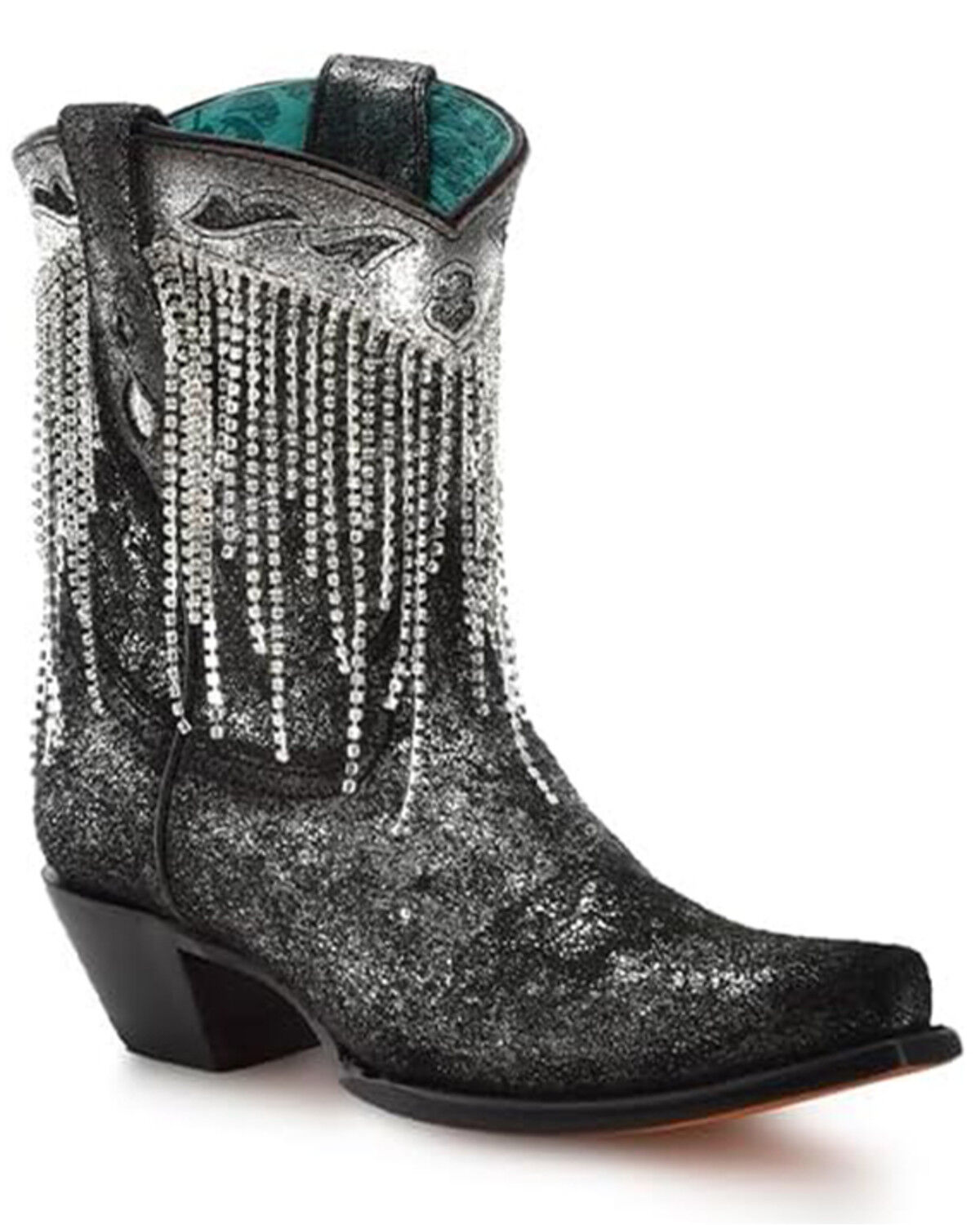 Image #1 - Corral Women's Overlay Crystal Fringe Booties - Snip Toe, Silver, hi-res