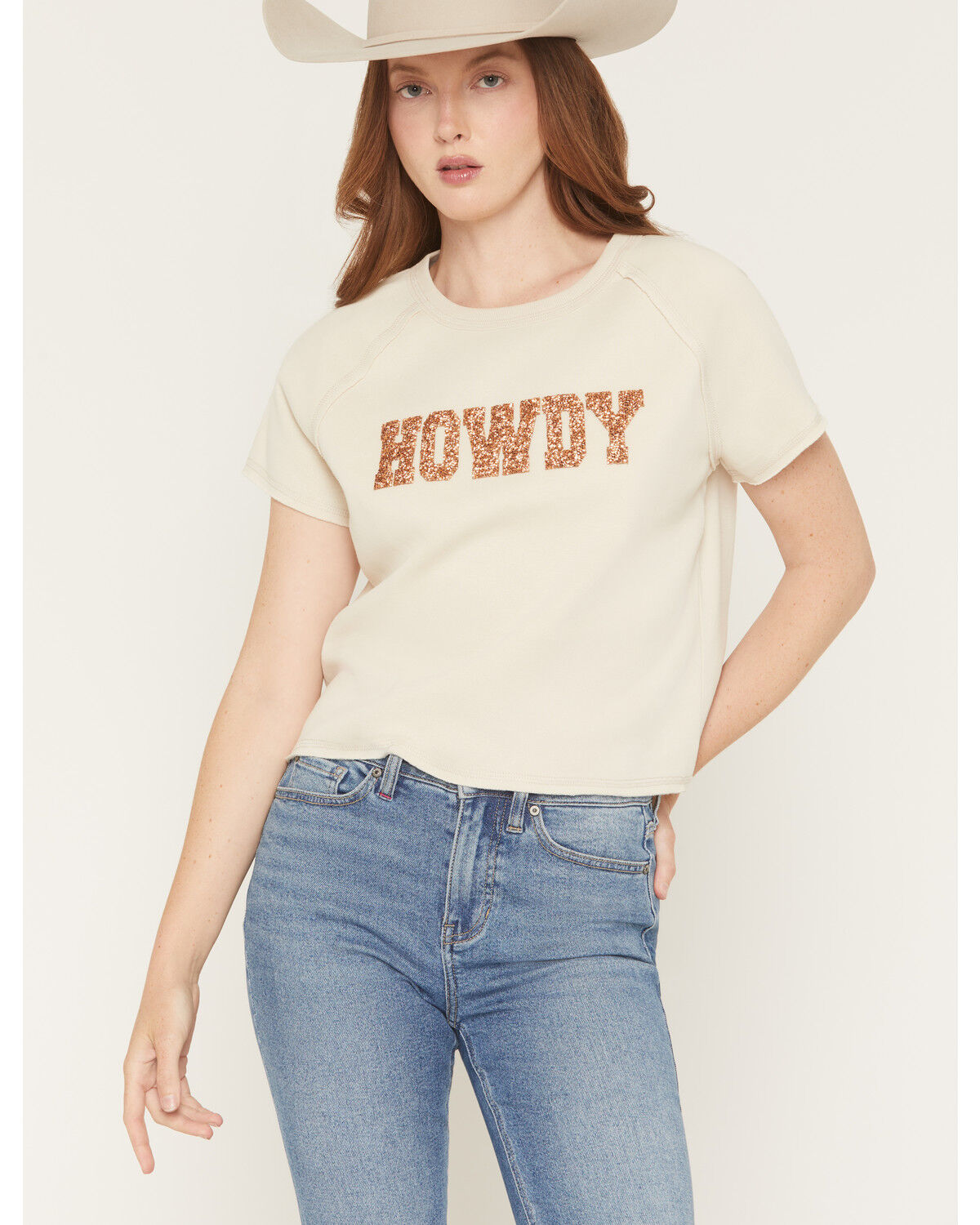 Image #1 - Blended Women's Howdy Rhinestone Short Sleeve Graphic Tee, Cream, hi-res