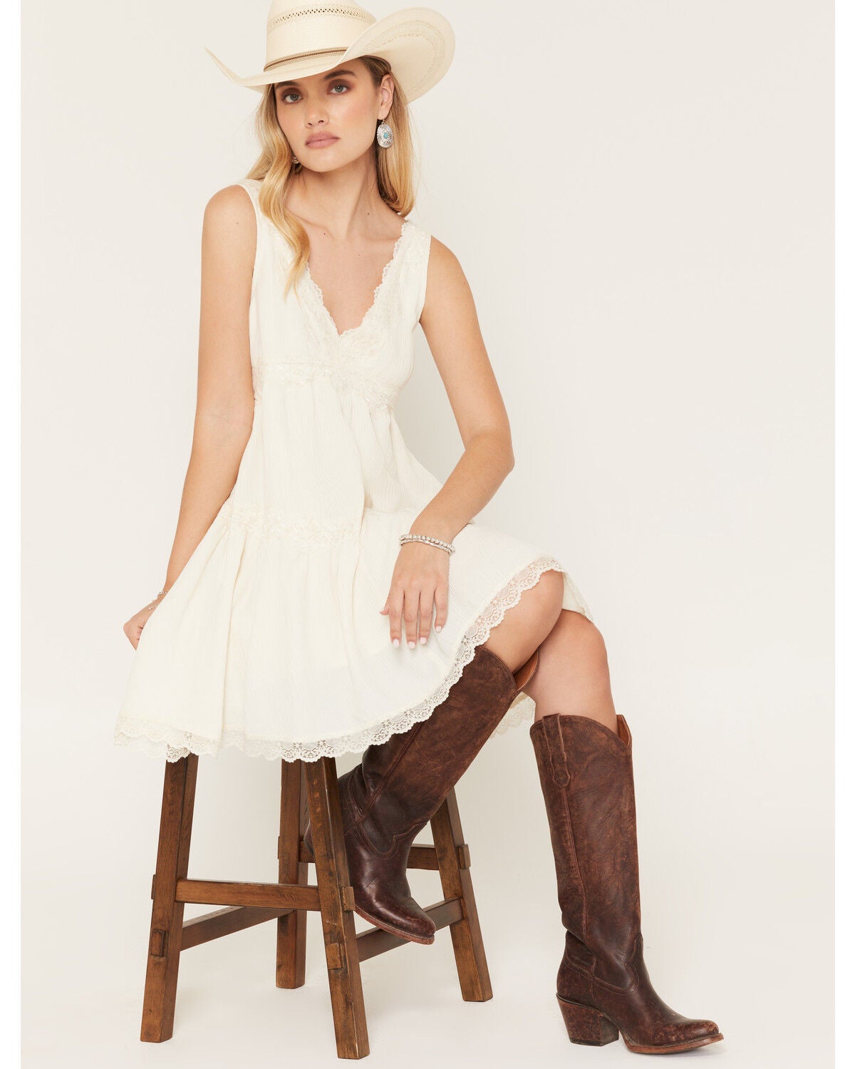 Image #1 - By Together Women's Lace Trim Sleeveless Mini Dress, Cream, hi-res