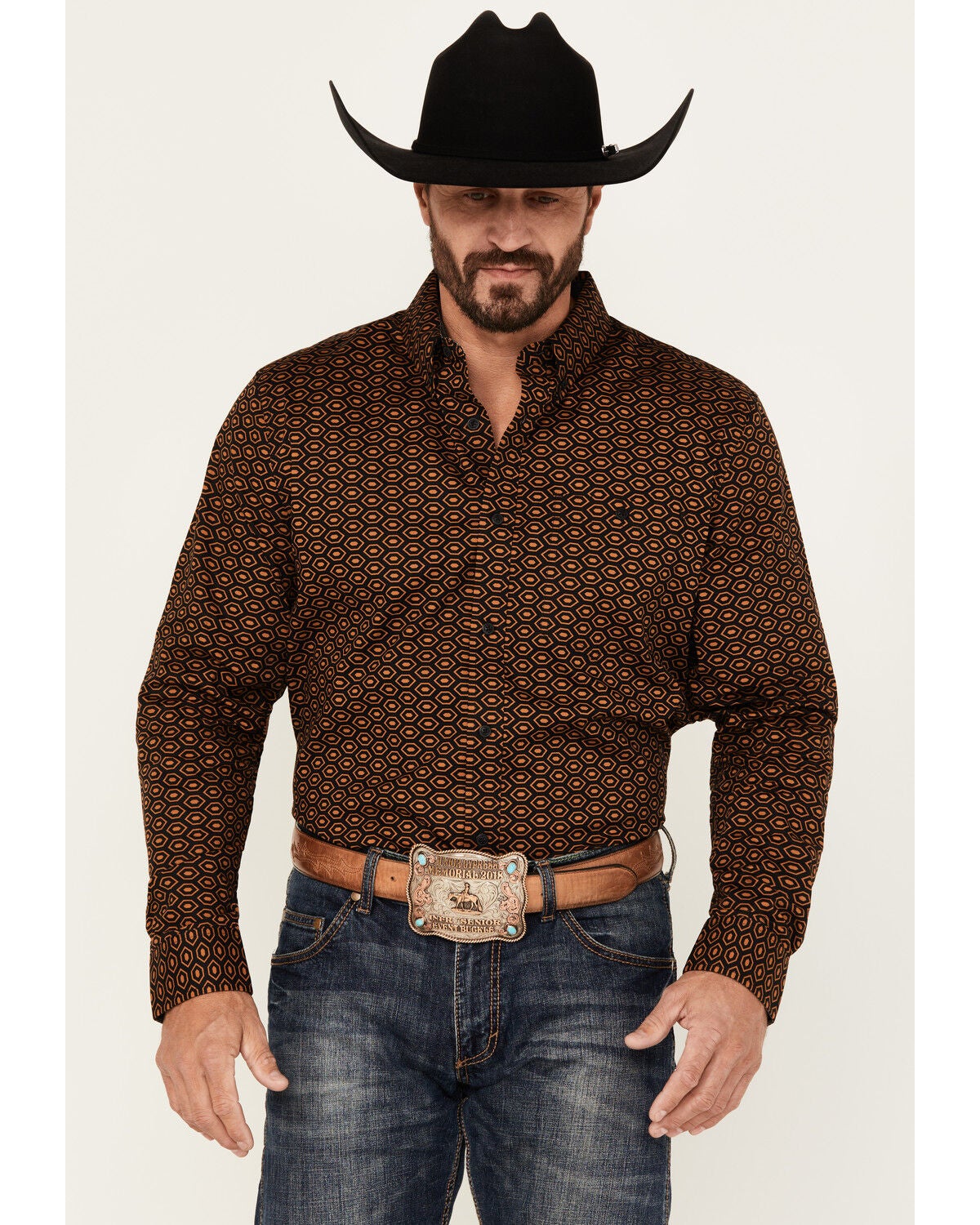 RANK 45&reg; Men's Trench Jacquard Geo Print Long Sleeve Button-Down Stretch Western Shirt, Black, hi-res