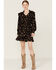 Angie Women's Floral Print Long Sleeve Black Smocked Waist Mini Dress, Black, hi-res