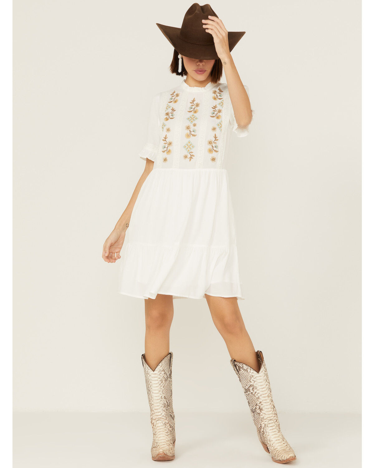 Image #4 - Stetson Women's Embroidered Floral Ruffle Surplice Mini Dress, , hi-res