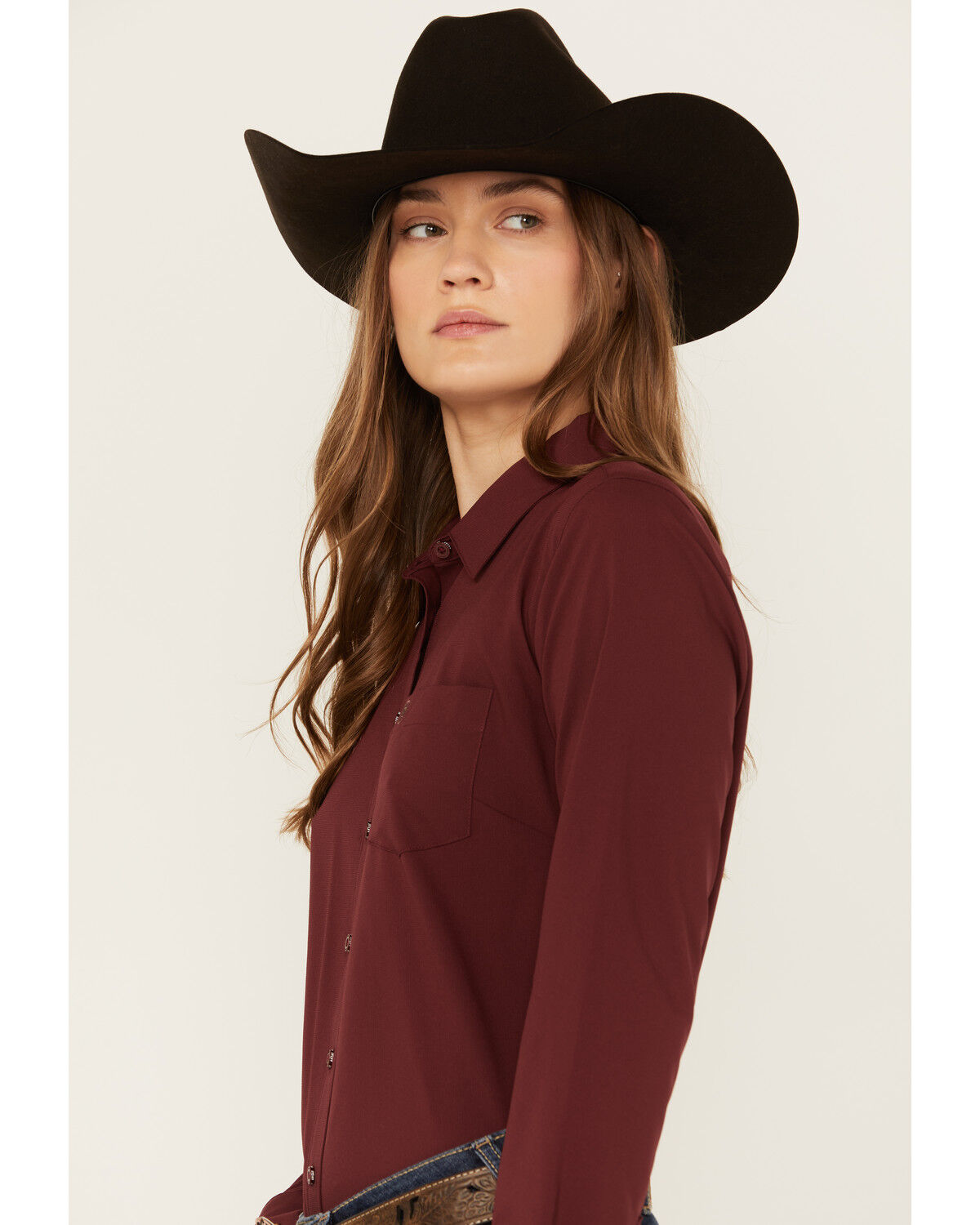 Image #2 - Ariat Women's Solid Long Sleeve Button-Down Performance Western Shirt, Maroon, hi-res