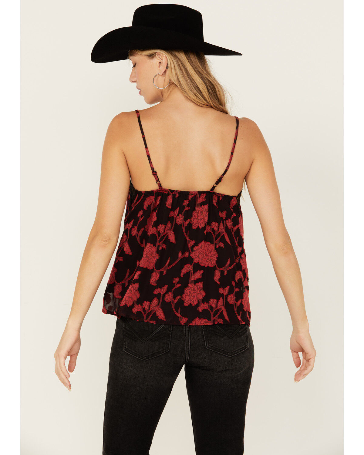 Image #4 - Wild Moss Women's Floral Print Jacquard Lace Cami, Red, hi-res