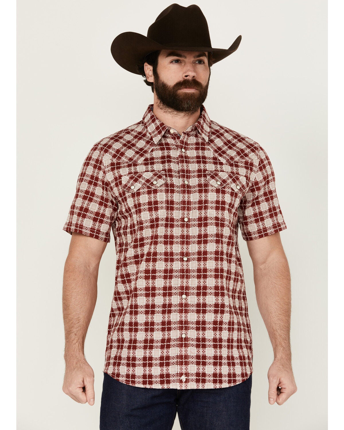 Moonshine Spirit&reg; Men's Legend Plaid Print Short Sleeve Snap Western Shirt, Burgundy, hi-res