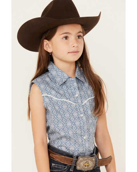 Image #2 - Ely Walker Girls' Medallion Print Sleeveless Pearl Snap Western Shirt, Blue, hi-res