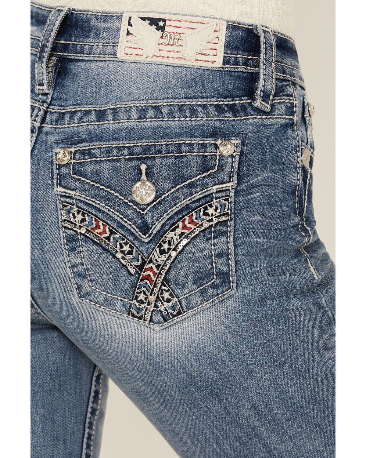 Image #2 - Miss Me Women's Medium Wash Mid Rise Americana Pocket Bootcut Stretch Denim Jeans, Medium Wash, hi-res