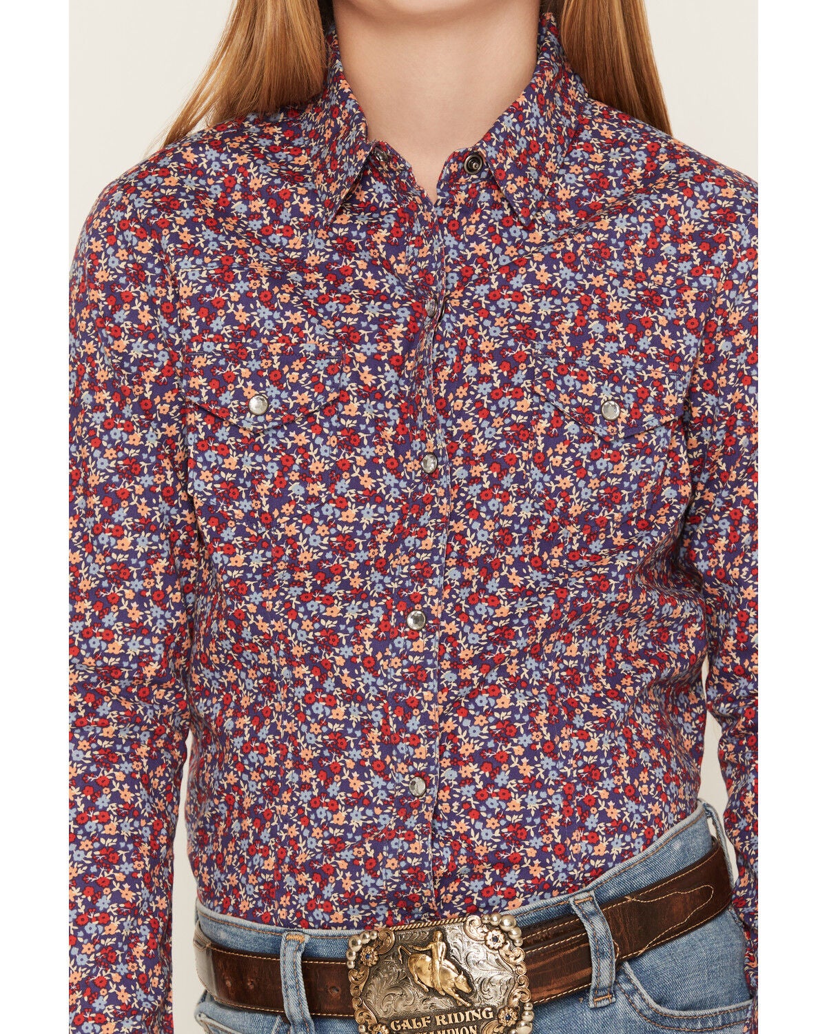 Image #3 - Cruel Girl Girl's Floral Print Long Sleeve Rhinestone Snap Western Shirt, Blue, hi-res