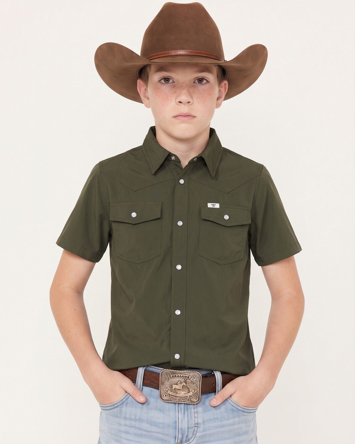 Image #1 - Ferrell Boys' Tek Solid Short Sleeve Pearl Snap Performance Western Shirt, Olive, hi-res