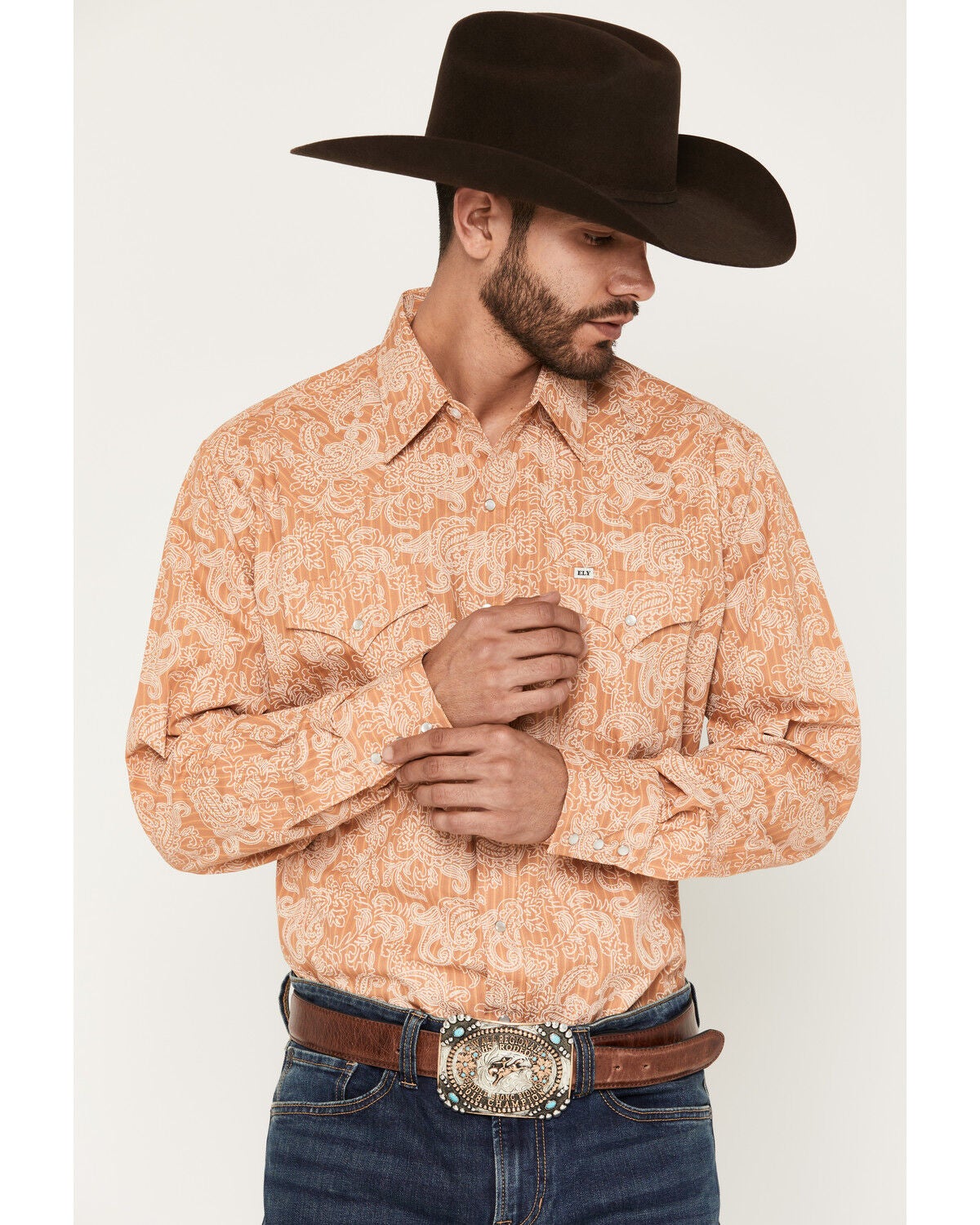 Image #1 - Ely Walker Men's Paisley Print Long Sleeve Pearl Snap Western Shirt, Gold, hi-res