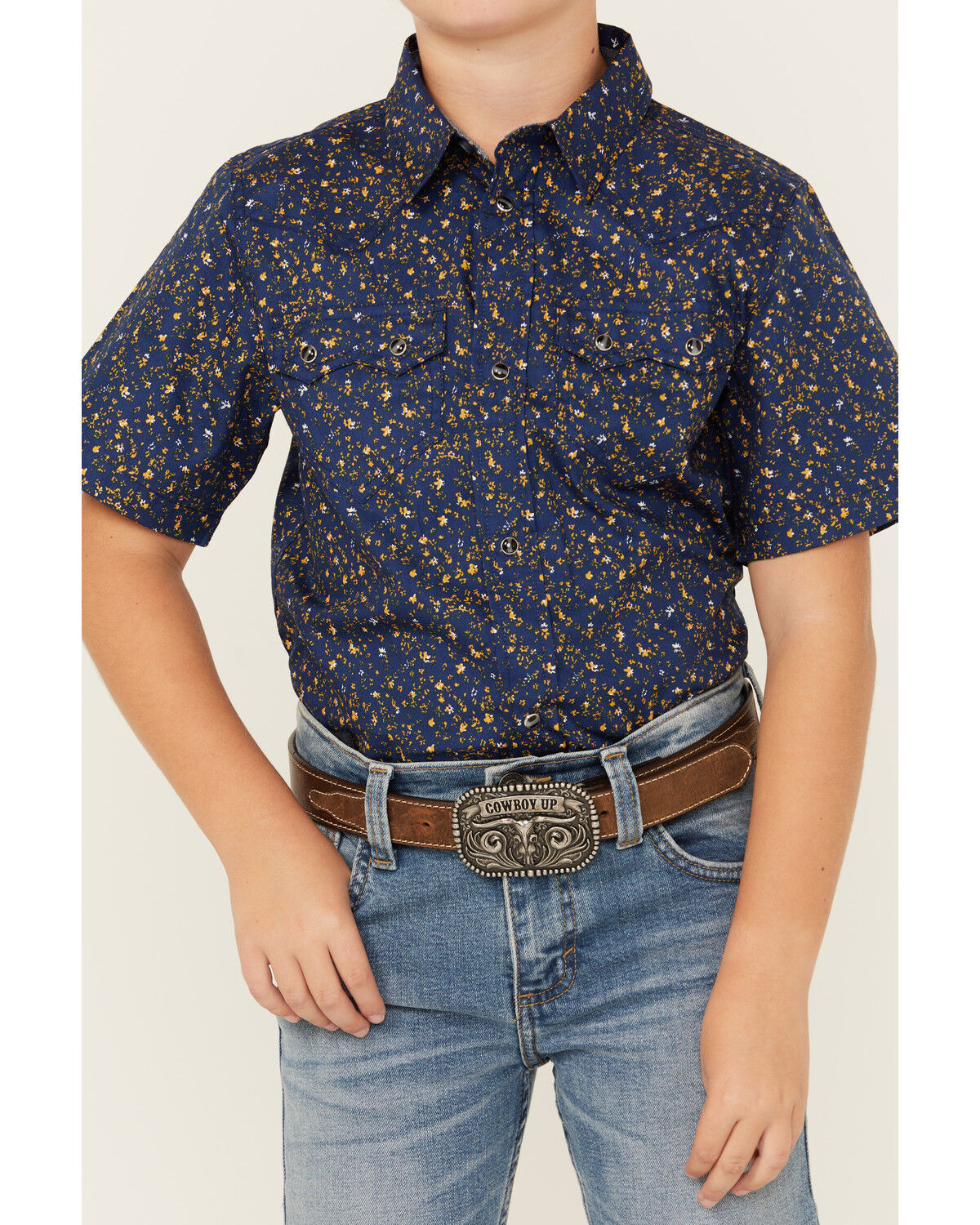Image #3 - Cody James Boys' Meadowlark Floral Print Short Sleeve Snap Western Shirt, Navy, hi-res