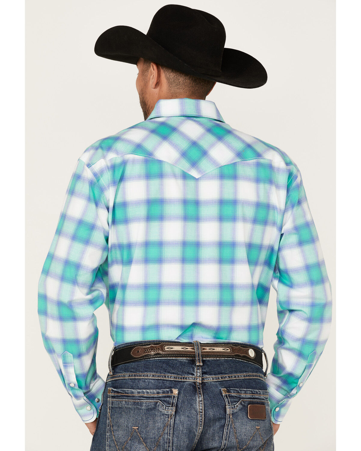 Image #4 - Rough Stock By Panhandle Men's Stretch Ombre Plaid Long Sleeve Pearl Snap Western Shirt, Aqua, hi-res