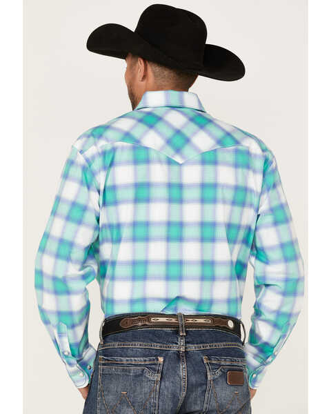 Rough Stock By Panhandle Men's Stretch Ombre Plaid Long Sleeve Pearl Snap Western Shirt , Aqua, hi-res