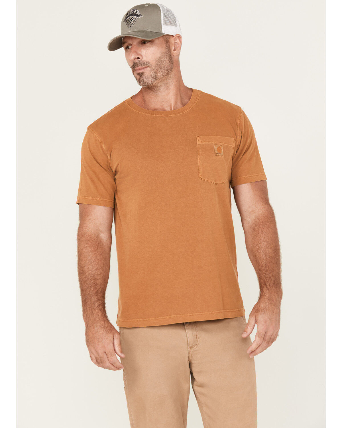 Image #1 - Carhartt Men's Re-Engineered Relaxed Fit Lightweight Short Sleeve Garment Dyed Pocket T-Shirt, Tan, hi-res