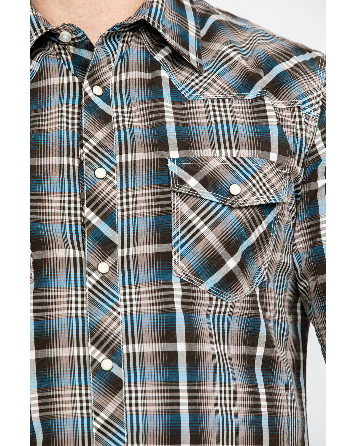 Image #4 - Rock & Roll Denim Men's Plaid Print Long Sleeve Snap Western Shirt, Teal, hi-res