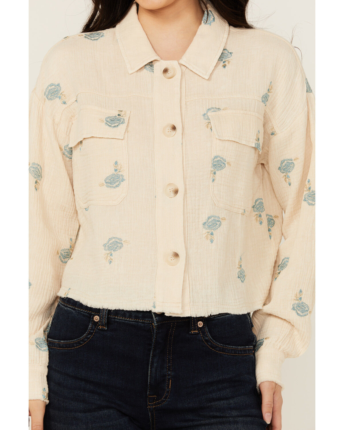 Image #3 - Mystree Women's Floral Embroidered Long Sleeve Button-Down Shirt, Cream, hi-res