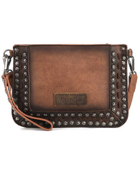 Wrangler Women's Small Studded Leather Clutch , Brown, hi-res