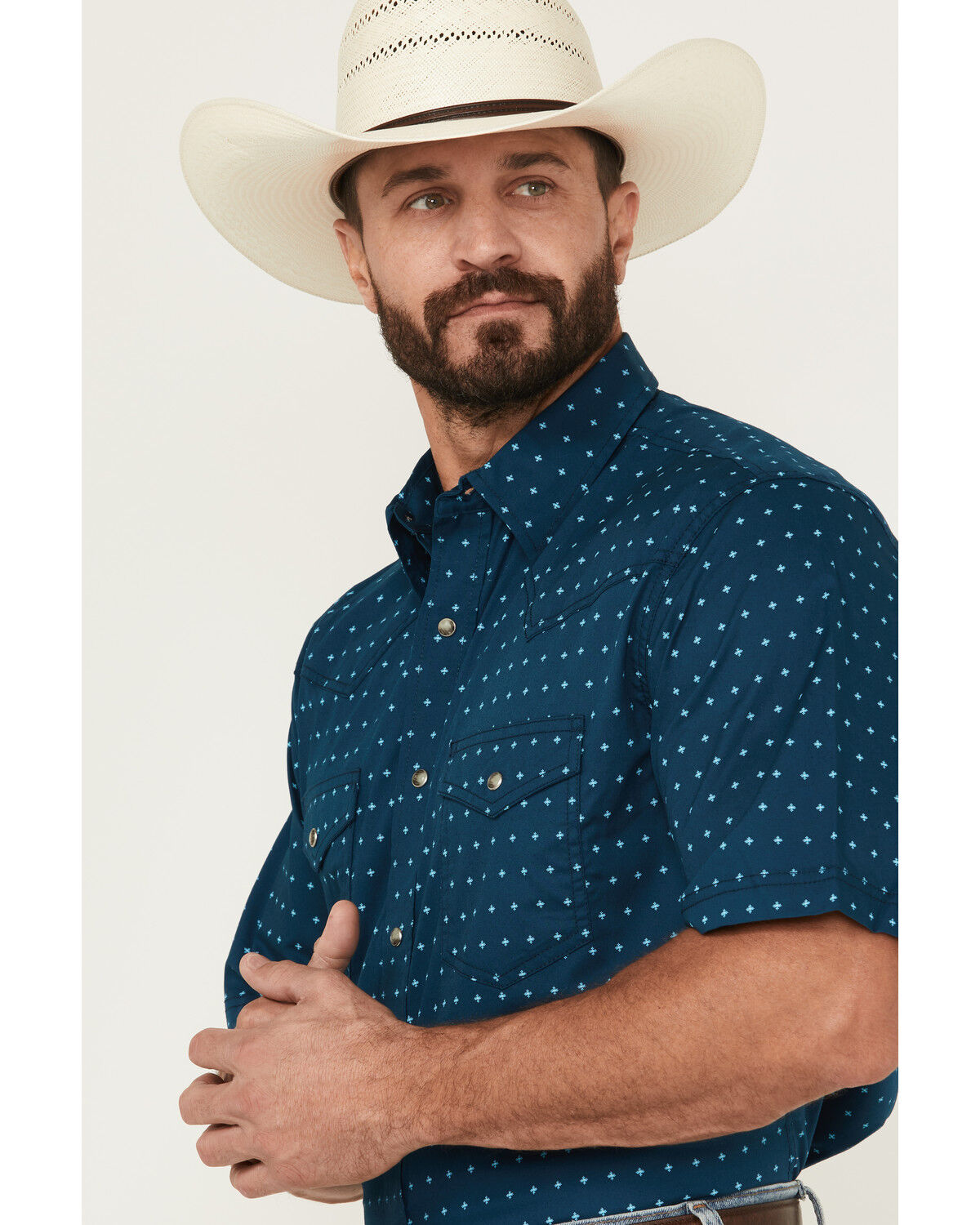 Image #2 - Wrangler 20X Men's Geo Print Short Sleeve Snap Western Shirt, Navy, hi-res