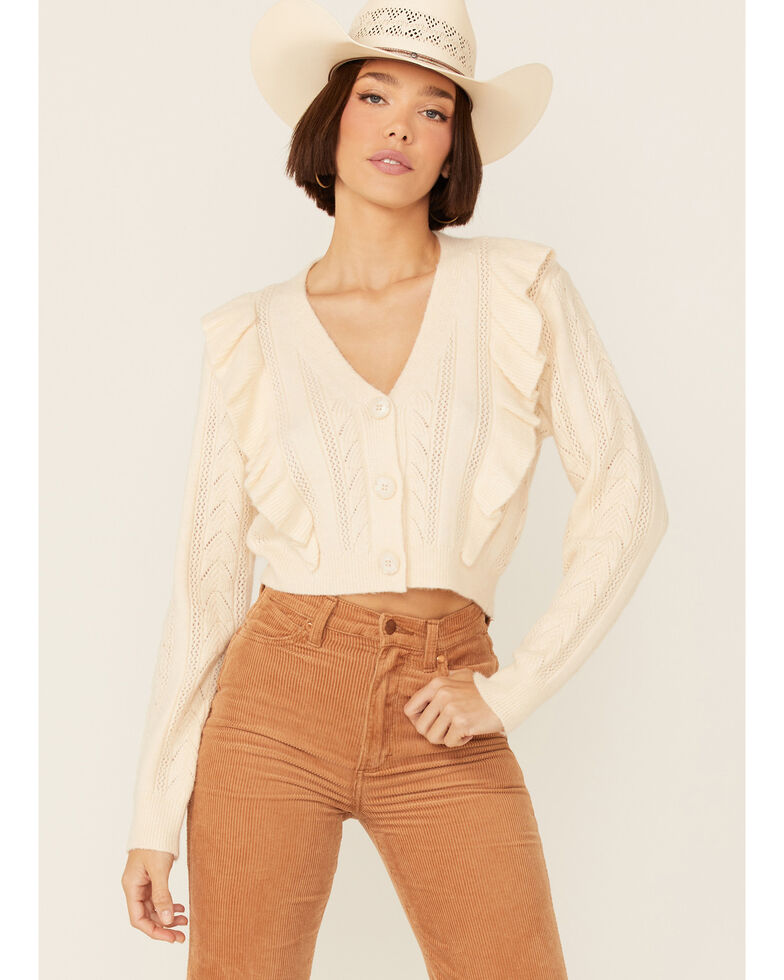 Lush Women's Cream Pointelle Ruffle Cardigan, Cream, hi-res