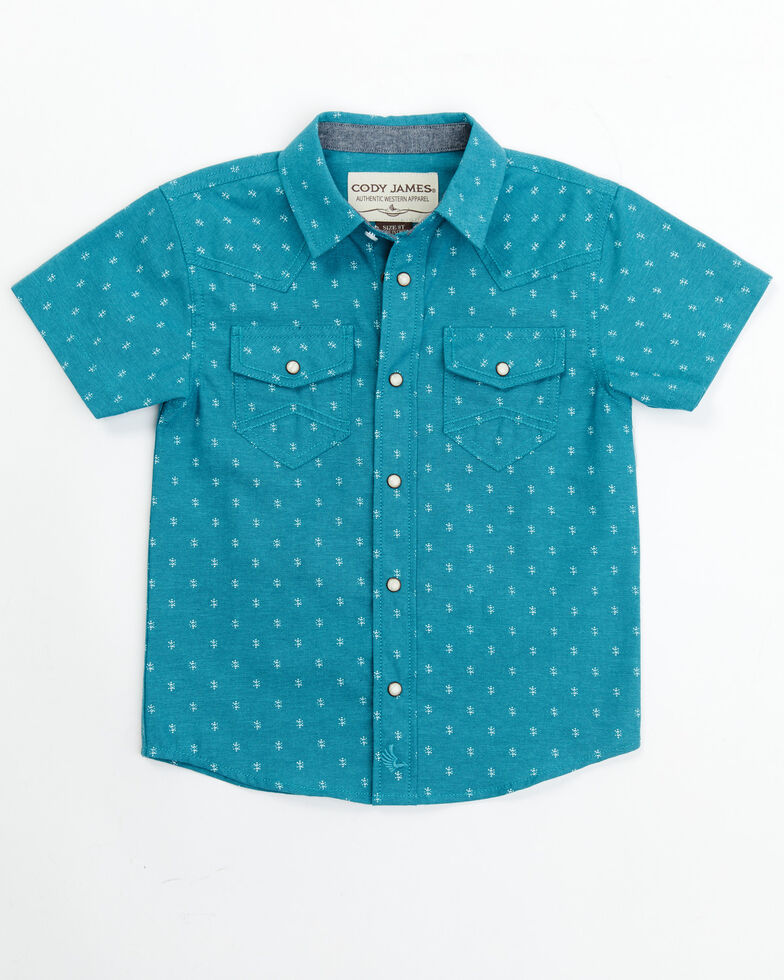 Cody James Toddler-Boys' Printed Chambray Short Sleeve Button Up Shirt, Blue, hi-res
