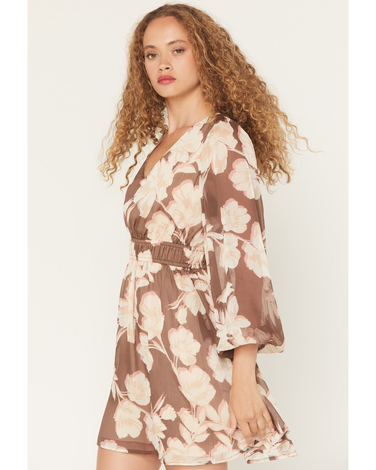 Image #2 - Shyanne Women's Floral Long Sleeve Crinkle Mini Dress, Brown, hi-res