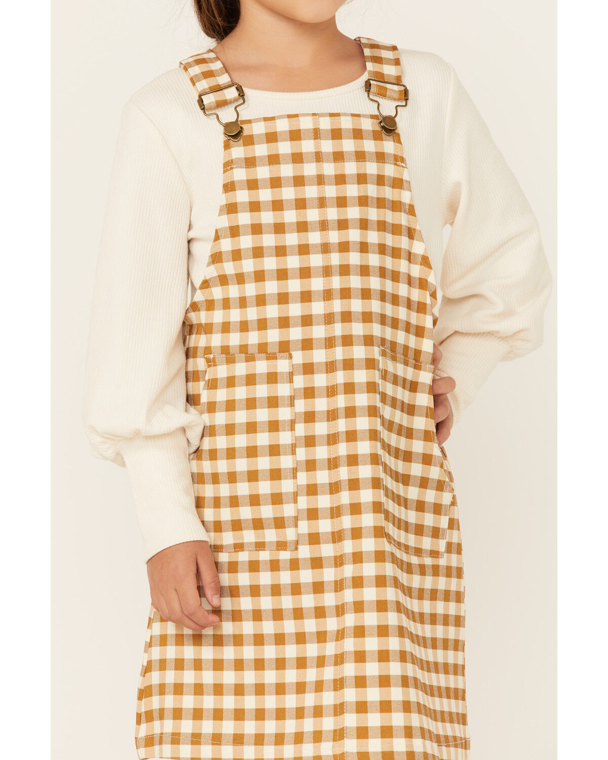 Image #2 - Hayden Girls' Checkered Overall Mini Dress, Mustard, hi-res