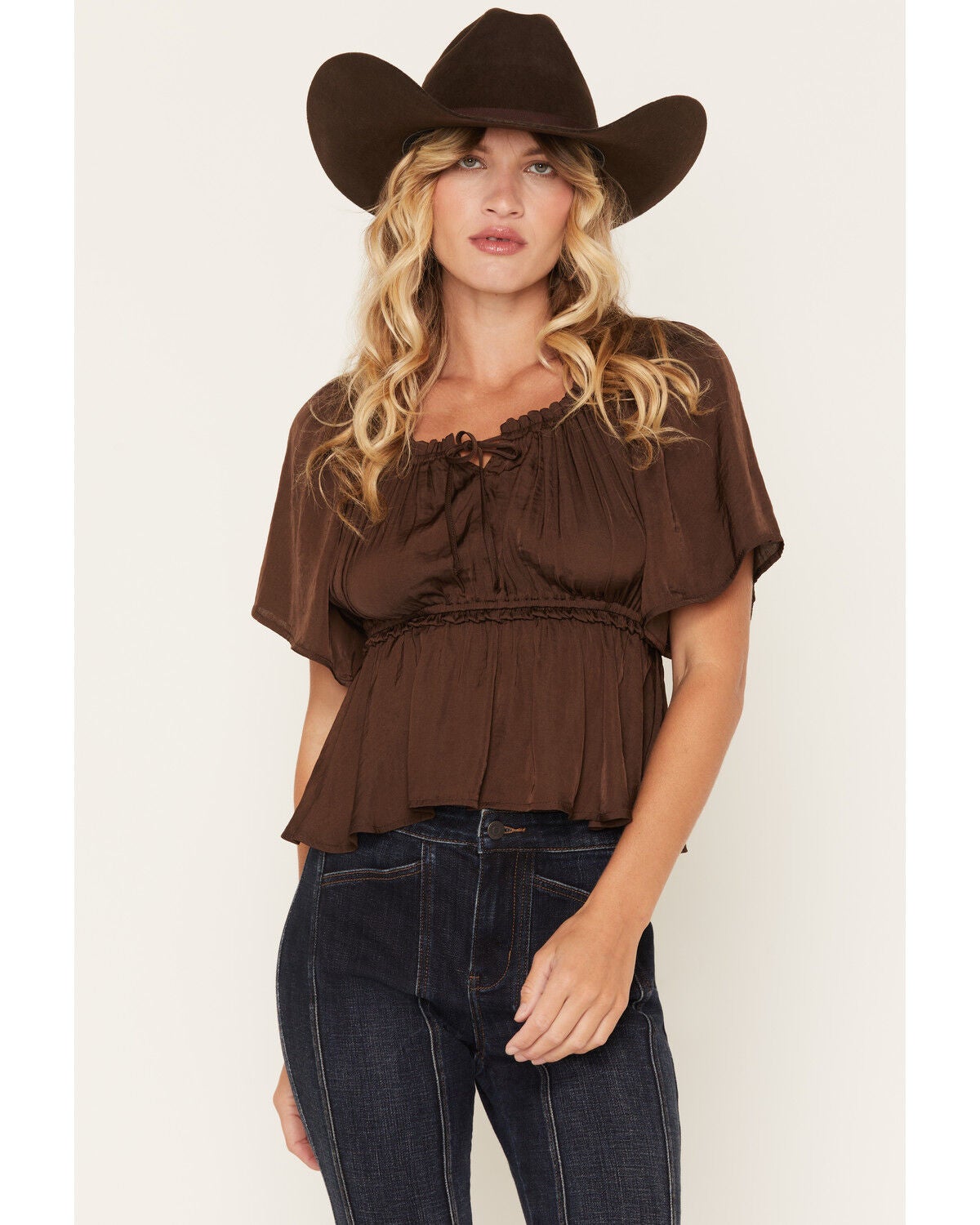 Shyanne Women's Hailey Satin Flounce Short Sleeve Peasant Blouse, Cognac, hi-res