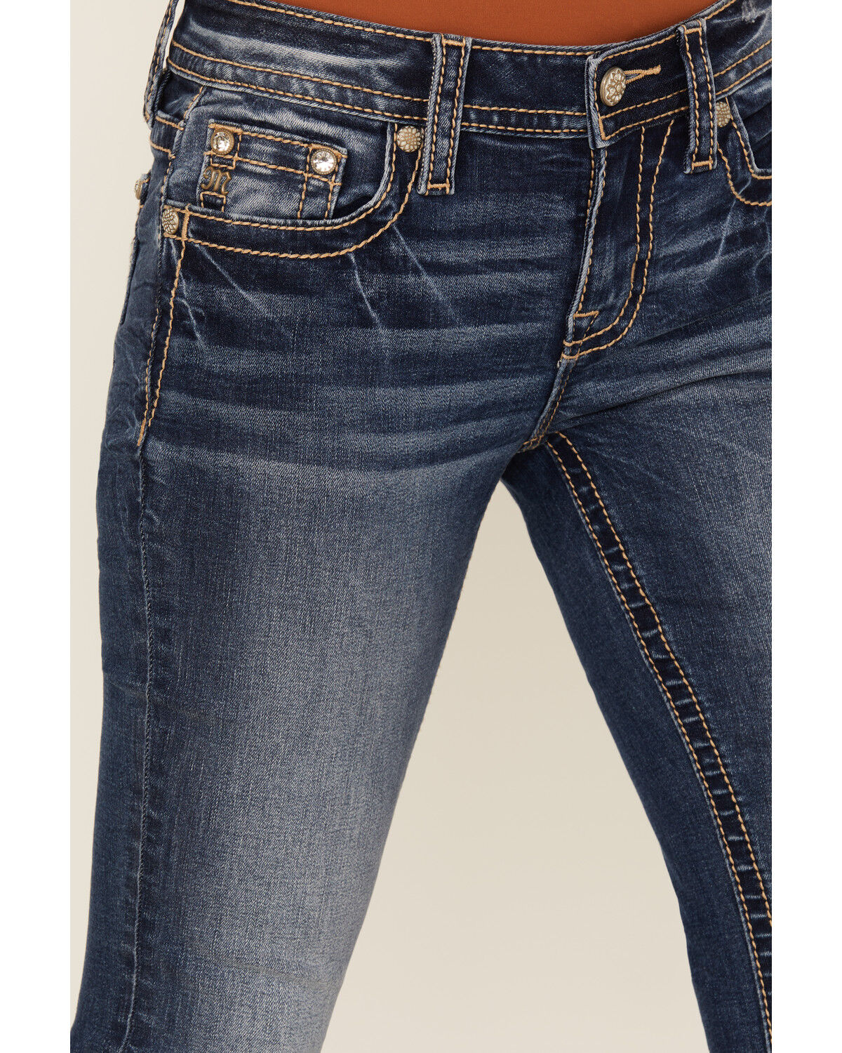 Image #4 - Miss Me Women's Dark Wash Mid Rise Leaf Pocket Bootcut Stretch Denim Jeans, Dark Wash, hi-res