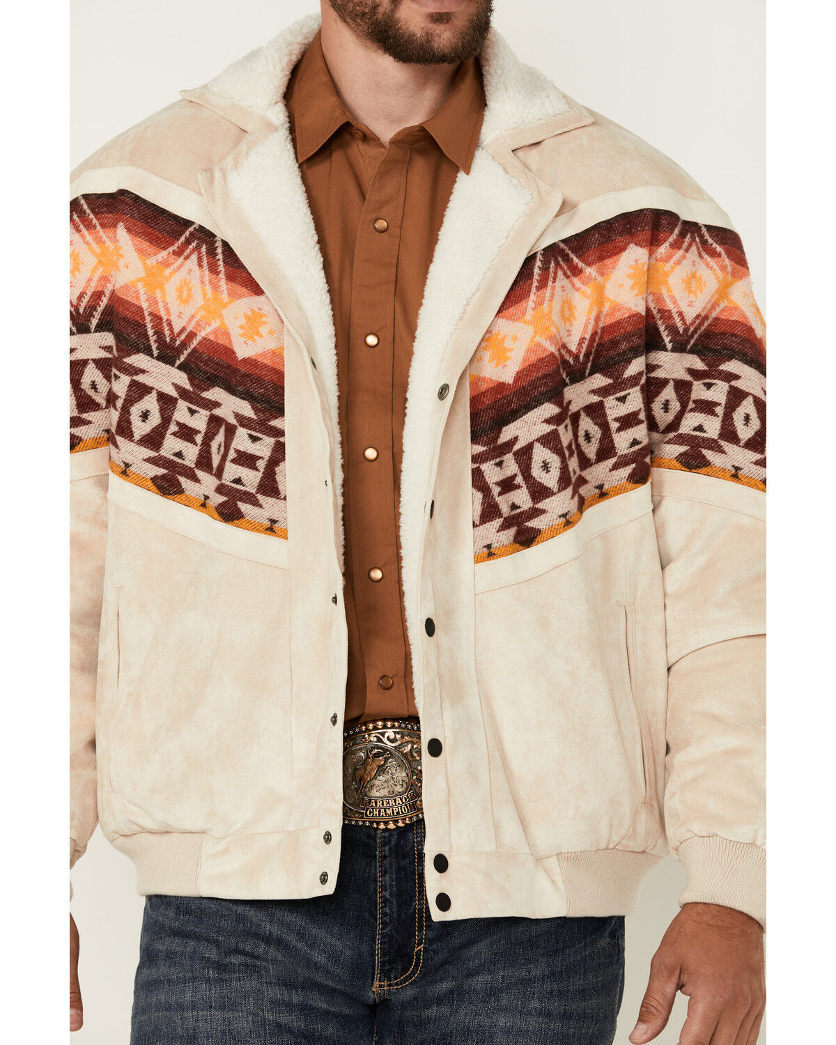 Image #3 - Rock & Roll Denim Men's Southwestern Border Microsuede Snap Bomber Jacket, Cream, hi-res