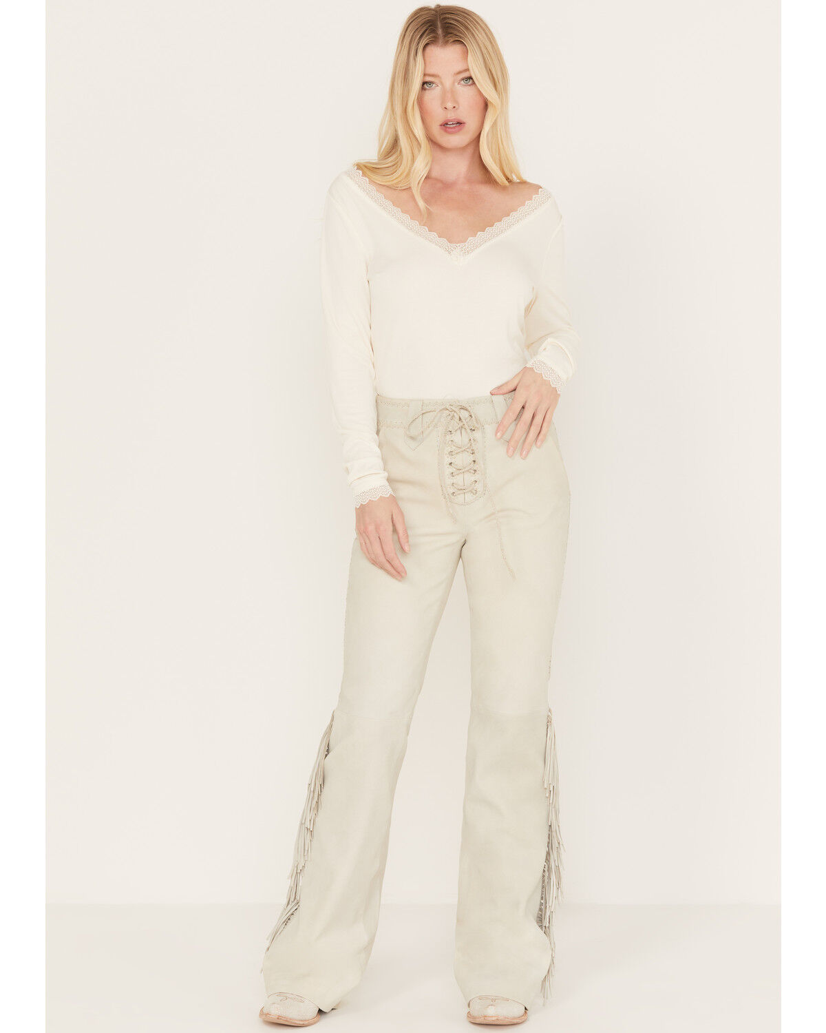 Image #1 - Idyllwind Women's Huntsville High Rise Leather Fringe Flare Pants, Stone, hi-res