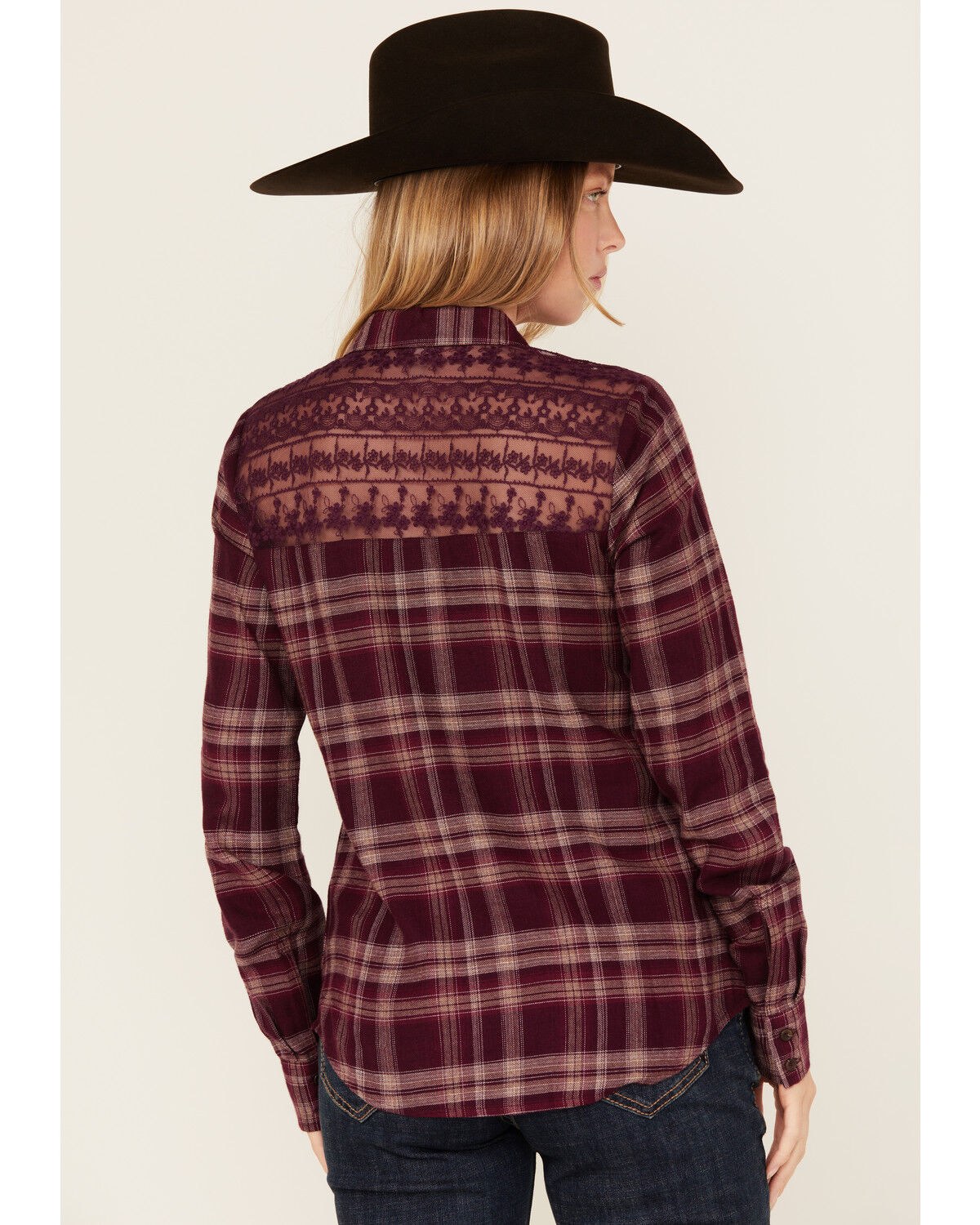 Image #4 - Shyanne Women's Lace Yoke Plaid Print Long Sleeve Button-Down Western Shirt, Fuchsia, hi-res