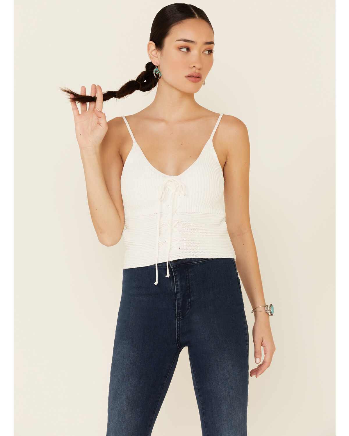 Image #1 - Mystree Women's Sweater-Knit Lace-Up Cami, White, hi-res