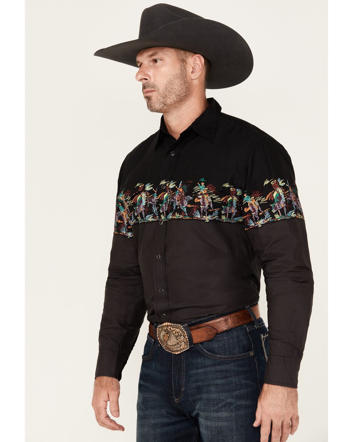 Image #2 - Roper Men's Vintage Horse Border Print Long Sleeve Snap Western Shirt, Black, hi-res