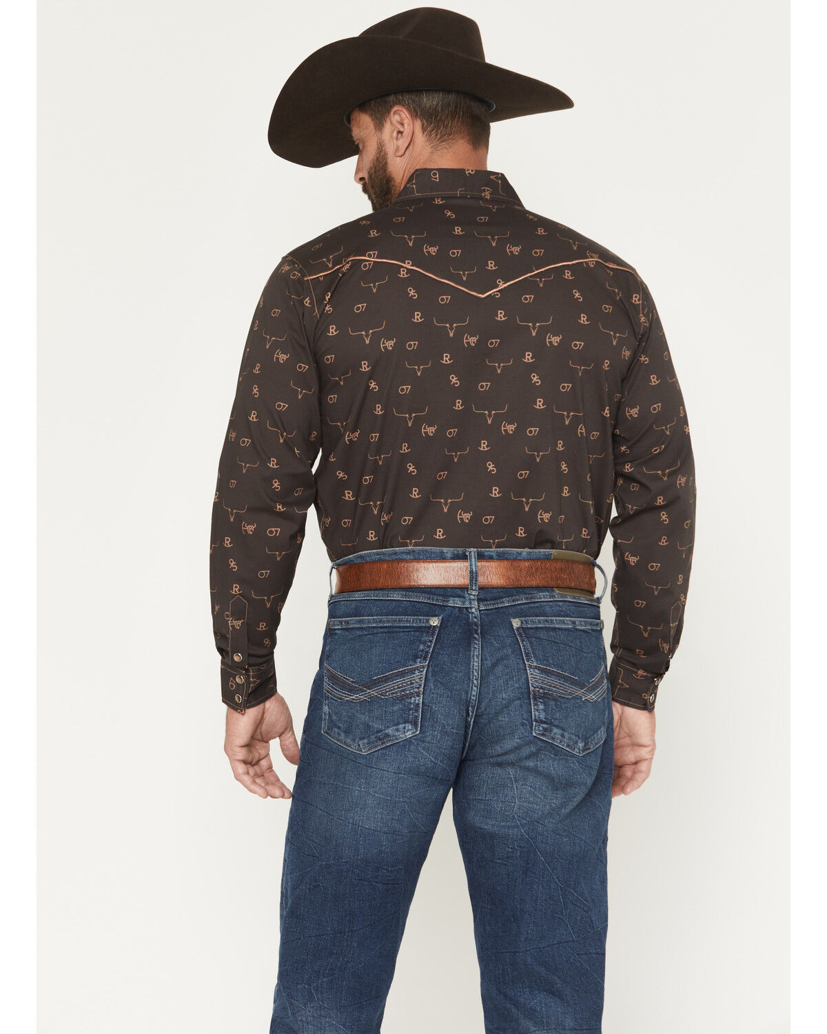 Image #4 - Cowboy Hardware Men's Brand Irons Print Long Sleeve Snap Stretch Western Shirt, Dark Brown, hi-res