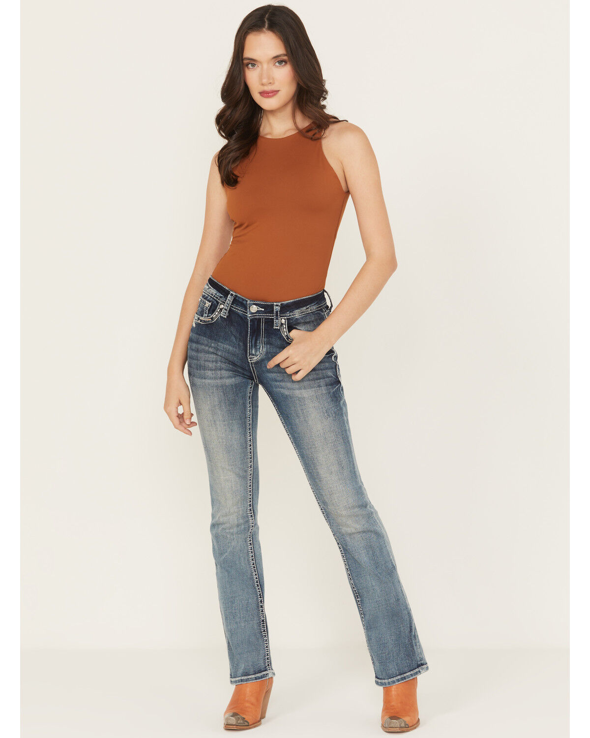 Image #3 - Grace in LA Women's Medium Wash Floral Embroidered Mid Rise Bootcut Stretch Denim Jeans, Medium Wash, hi-res