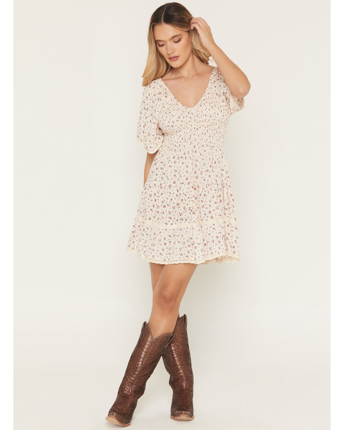 Image #1 - Angie Women's Ditsy Floral Print Short Sleeve Mini Dress, Ivory, hi-res