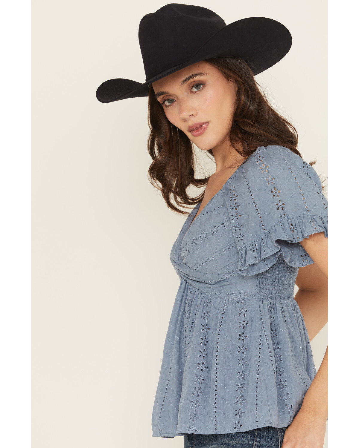 Image #2 - Angie Women's Eyelet Short Puff Sleeve Shirt, Blue, hi-res